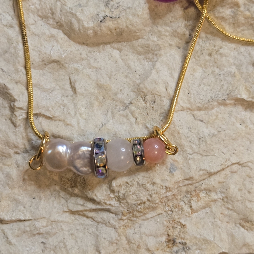 Baroque Pearl Vibe Bar Necklace | Rose Quartz & Pink Jade | 18Kgp Chain - Picture 4 of 7